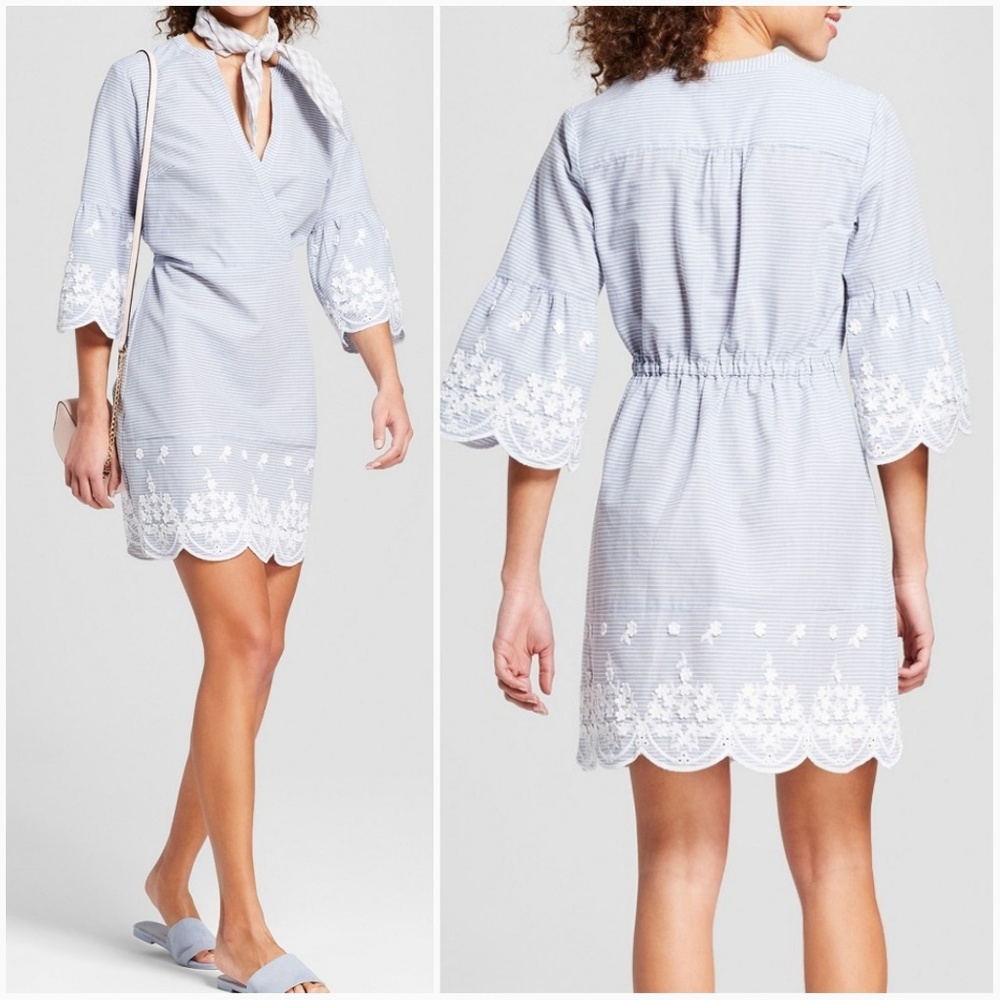 SPRING 🌼 Striped bell sleeve embroidered dress
